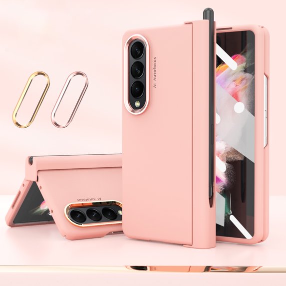 ELEHOLD for Samsung Galaxy Z Fold 4 2022 7.6 inch Case, Skin-Feeling PC Double Metal Plating Lens Rings Circles Pen Tray Hinge Free Capacitive Shockproof All-inclusive Folding Case for ZFold 4,Pink