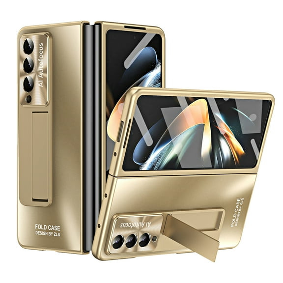ELEHOLD for Samsung Galaxy Z Fold 4 5G Full Body Case, Luxury Plating Case with Built-in Screen Protector Hidden Kickstand Rugged Shockproof Cover for Samsung Z Fold4 2022,Gold