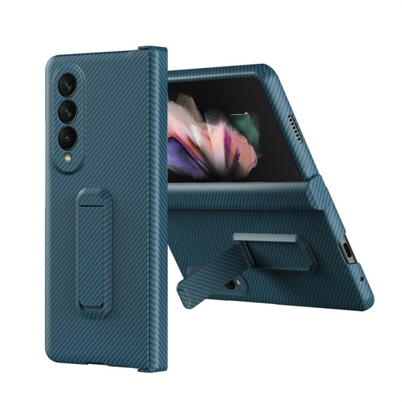 ELEHOLD for Samsung Galaxy Z Fold 4 5G Slim Carbon Fiber Case, Built-in Screen Protector Hidden Stand Hinge Protection Anti-Drop Shockproof Ultra-Thin Case for Samsung Z Fold4 2022, Cyanblue