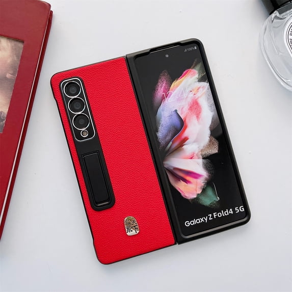 ELEHOLD for Samsung Galaxy Z Fold 4 7.6 inch 2022 Slim Case, PU Peather Hidden Kickstand Durable Smooth Surface Light Nice Skin Hand-Feeling Folding Case for Galaxy Z Fold 4, Red