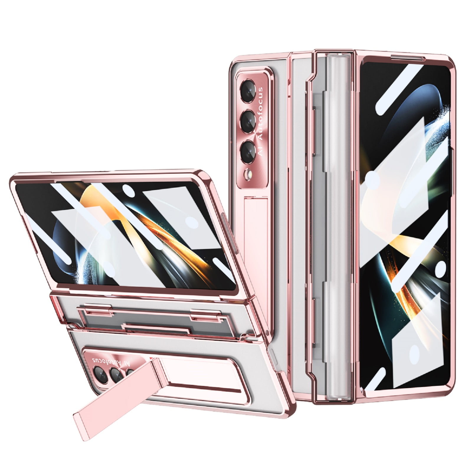 ELEHOLD for Samsung Galaxy Z Fold 4 Leveling Hinge Folding Case, HD Transparent Plating Frame Wireless Charging Hidden Kickstand 360° Full Protection Anti-Drop Shockproof Case for ZFold 4,Rosegold