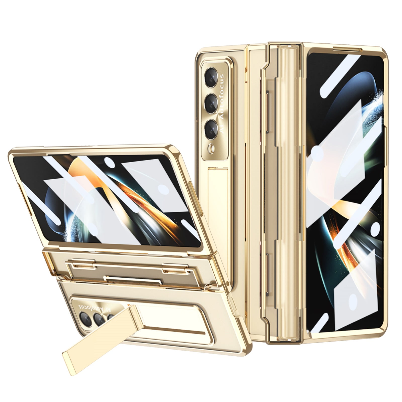ELEHOLD for Samsung Galaxy Z Fold 4 Leveling Hinge Folding Case, HD Transparent Plating Frame Wireless Charging Hidden Kickstand 360° Full Protection Anti-Drop Shockproof Case for ZFold 4 7.6",Gold