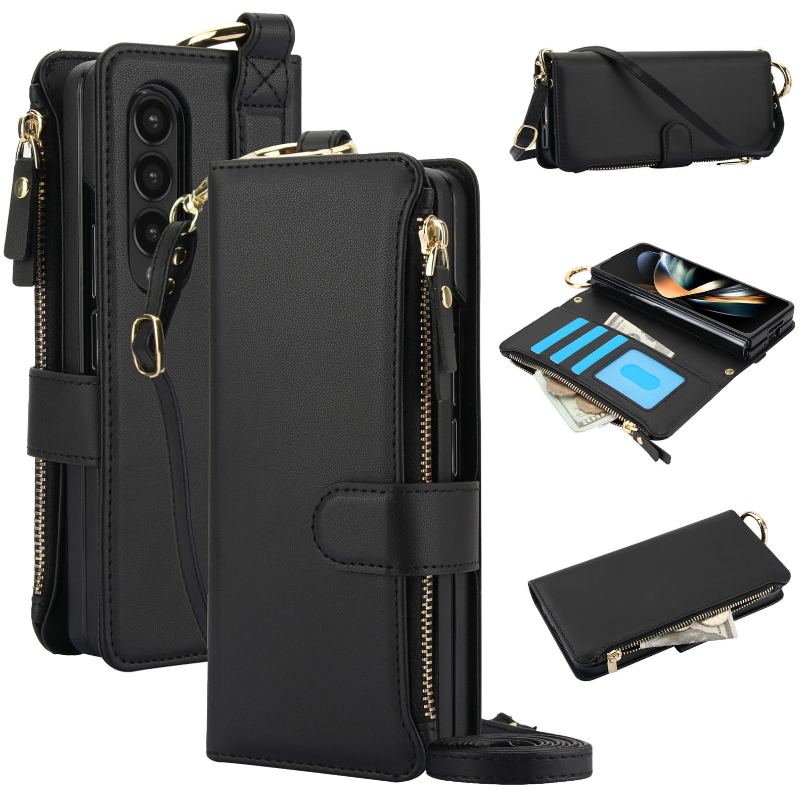ELEHOLD For Samsung Galaxy Z Fold 4 Phone Case Leather Crossbody Zipper Card Wallet Flip Case Kickstand Cover, with Ring Holder,Full Body Protection-Black