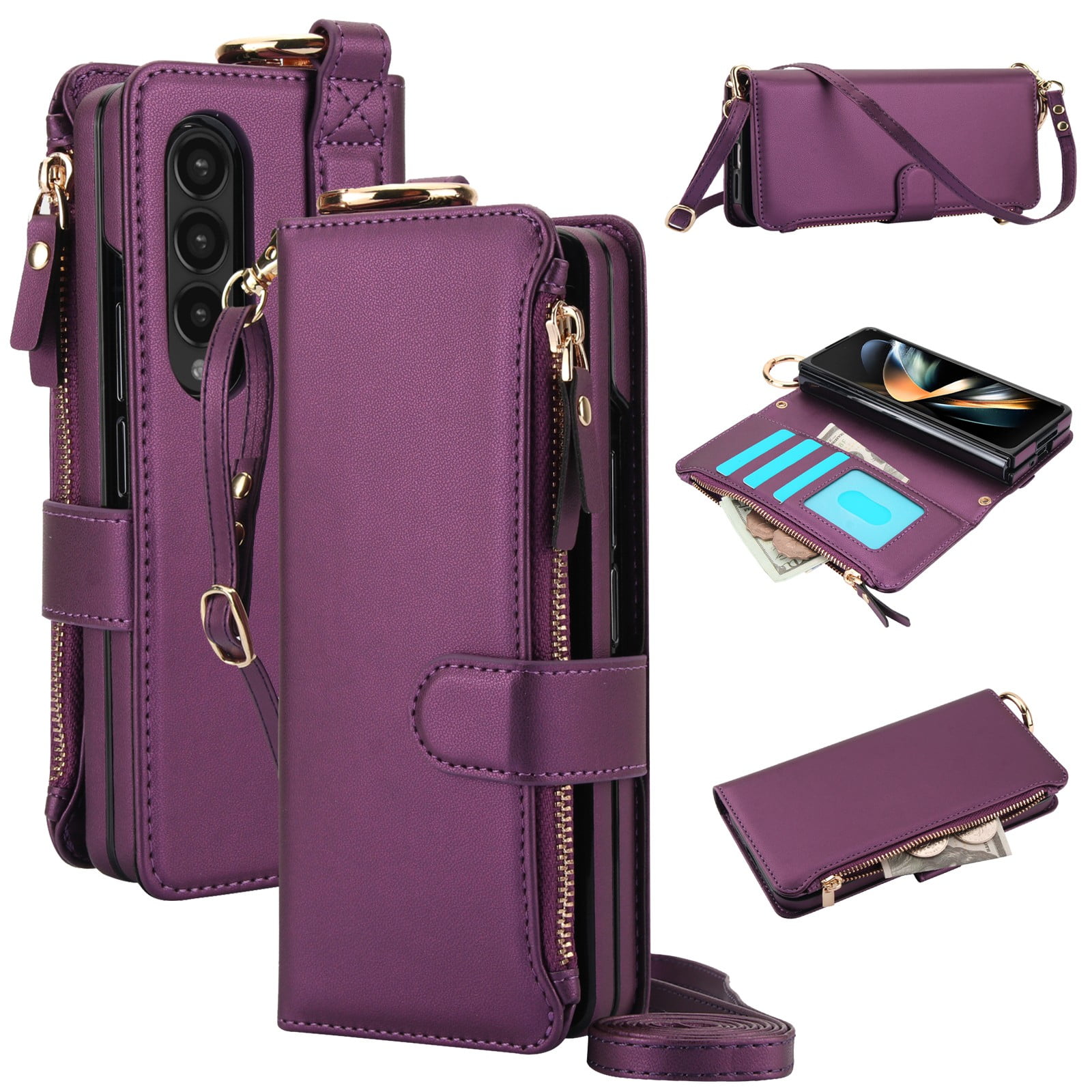 ELEHOLD For Samsung Galaxy Z Fold 4 Phone Case Leather Crossbody Zipper Card Wallet Flip Case Kickstand Cover, with Ring Holder,Full Body Protection-Deeppurple