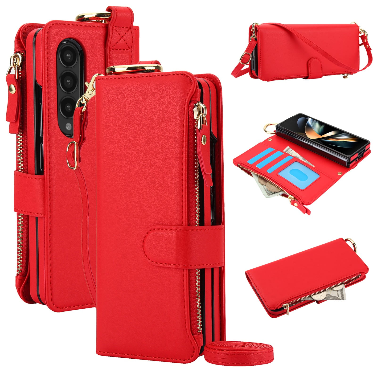 ELEHOLD For Samsung Galaxy Z Fold 4 Phone Case Leather Crossbody Zipper Card Wallet Flip Case Kickstand Cover, with Ring Holder,Full Body Protection-Red
