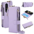 thumbnail image 1 of ELEHOLD For Samsung Galaxy Z Fold 4 Phone Case Leather Crossbody Zipper Card Wallet Flip Case Kickstand Cover, with Ring Holder,Full Body Protection-Violet, 1 of 7