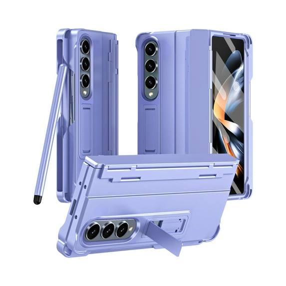 ELEHOLD for Samsung Galaxy Z Fold 4 Rugged Case with Hinge Protection Built-in Screen Protector Hidden Kickstand Hard PC Shockproof Protective Case Cover with Stylus Pen & Pen Holder, Purple