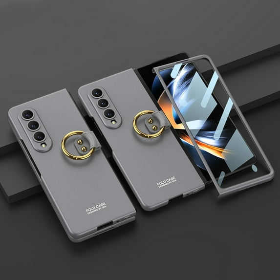 ELEHOLD for Samsung Galaxy Z Fold 4 Rugged Case with Ring Holder Built in Screen Protector Hard PC Shockproof Full Body Hinge Protection Case for Z Fold 4,Gray