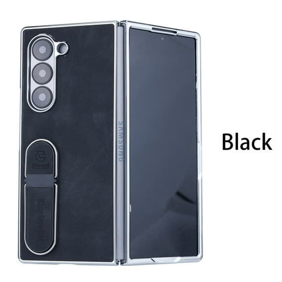 ELEHOLD For Samsung Galaxy Z Fold 4 Rugged Leather Case Hinge Protection Slim Ultra-Thin Leather Invisible Kickstand Shockproof Anti Scratch Hard Phone Phone Case Cover,Black