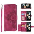 thumbnail image 1 of ELEHOLD for Samsung Galaxy Z Fold 4 Shoulder Crossbody Wallet Case with Card Slots, Floral Embossed PU Leather Wallet Flip Protective Kickstand Wrist Strap Cover, winered, 1 of 7