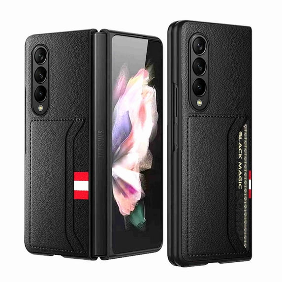ELEHOLD for Samsung Galaxy Z Fold 4 Slim Case with Card Slot/Holder, Lychee Pattern PU Leather Wallet Pocket Shockproof Case for Z Fold 4, Black