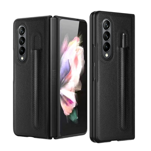 ELEHOLD for Samsung Galaxy Z Fold 4 Slim Fit Case with Pen Slot, Lychee Pattern PU Leather PC Bumper Screen Camera Protection Shockproof Case for ZFold 4 7.6 inch, GBlack