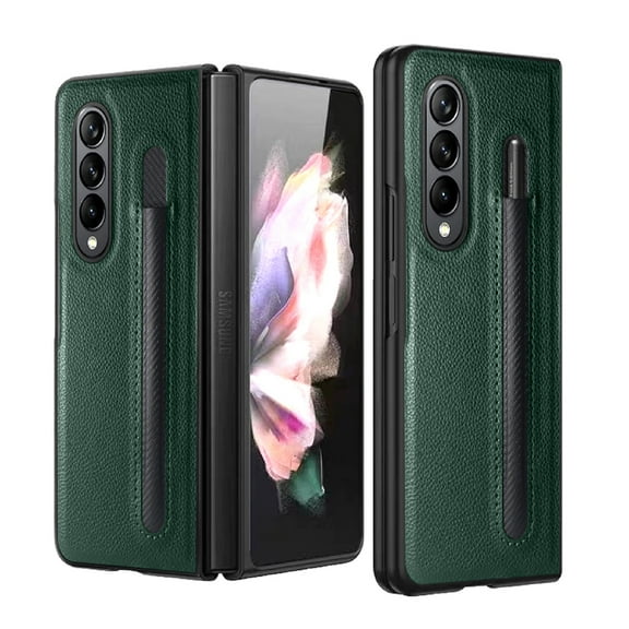 ELEHOLD for Samsung Galaxy Z Fold 4 Slim Fit Case with Pen Slot, Lychee Pattern PU Leather PC Bumper Screen Camera Protection Shockproof Case for ZFold 4 7.6 inch, Green