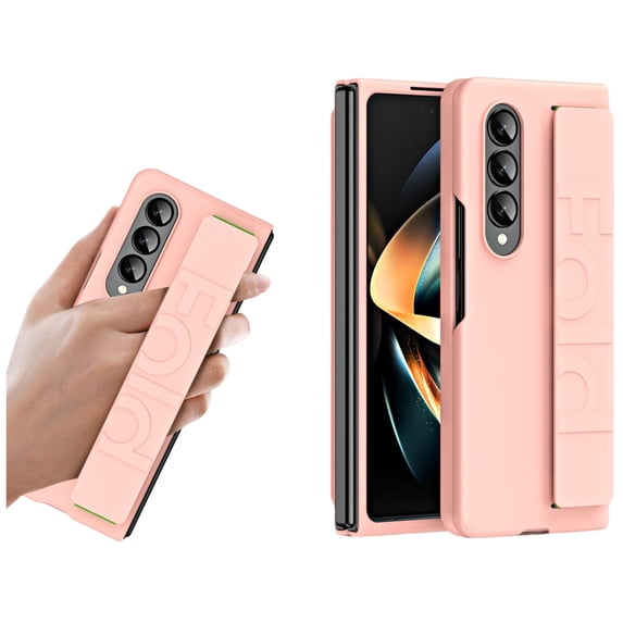 ELEHOLD for Samsung Galaxy Z Fold 4 Slim Flip Case with Stretchable Wristband Handstrap Shockproof Hard PC Shell Anti-Scratch Full Body Protection Case Cover,Pink