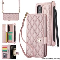 ELEHOLD for Samsung Galaxy Z Fold 4 Wallet Case,Luxury Premium PU Leather with Flip Card Holders Crossbody Shoulder Strap Wrist Strap Magnetic Clasp Shockproof Stand Cover for Galaxy Z Fold 4,Rosegold