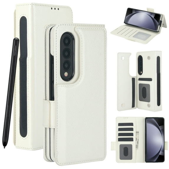 ELEHOLD for Samsung Galaxy Z Fold 4 Wallet Case, PU Leather Card Cash Slot Double Magnetic Clasp Kickstand Flip Full-coverage Shockproof Case with S Pen Holder for Samsung Galaxy Z Fold 4,White