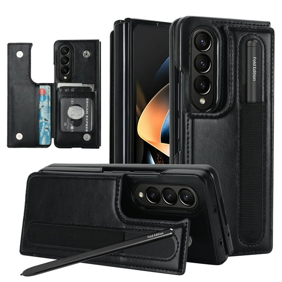 ELEHOLD for Samsung Galaxy Z Fold 4 Wallet Case,Premium Leather Credit Card Holder Magnetic Clasp Kickstand Heavy Duty Shockproof Protective Case with S-Pen Holder for Samsung Galaxy Z Fold 4,Black
