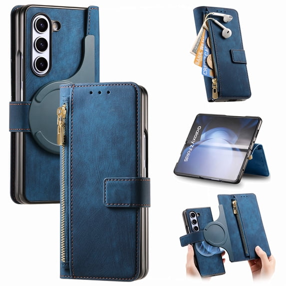 ELEHOLD for Samsung Galaxy Z Fold 4 Wallet Case,Zipper Storage Flip RFID Blocking Card Holders Strong Magnetic Detachable Leather Case Stand Function Muilti-Functional Purse Cover, Blue