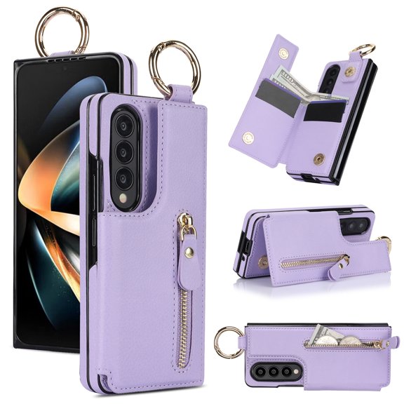 ELEHOLD for Samsung Galaxy Z Fold 4 Wallte Case, Premium Leather Ring  Zipper Credit Card Cash Slot Magnetic Clasp Kickstand Heavy Duty Protective for Samsung Galaxy Z Fold 4,Purple