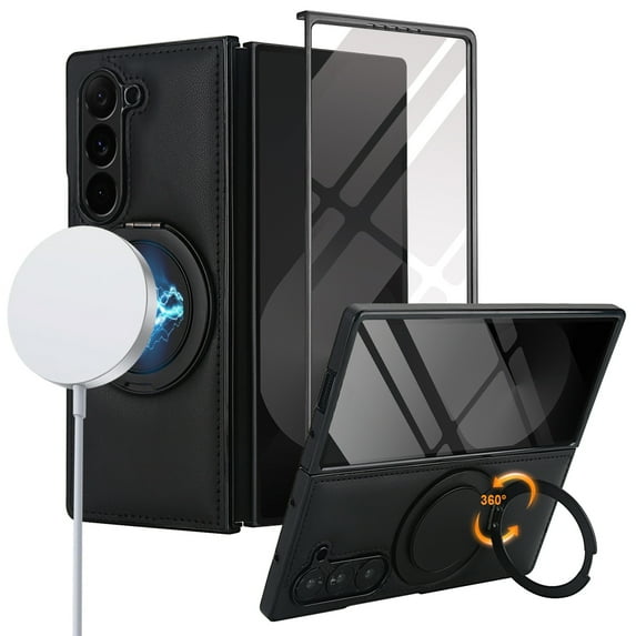 ELEHOLD For Samsung Galaxy Z Fold 5 Case, Faux Leather Shock-Absorbent Magnetic Ring Kickstand Anti-Scratch Protective Case Cover with Screen Protector Included, Black