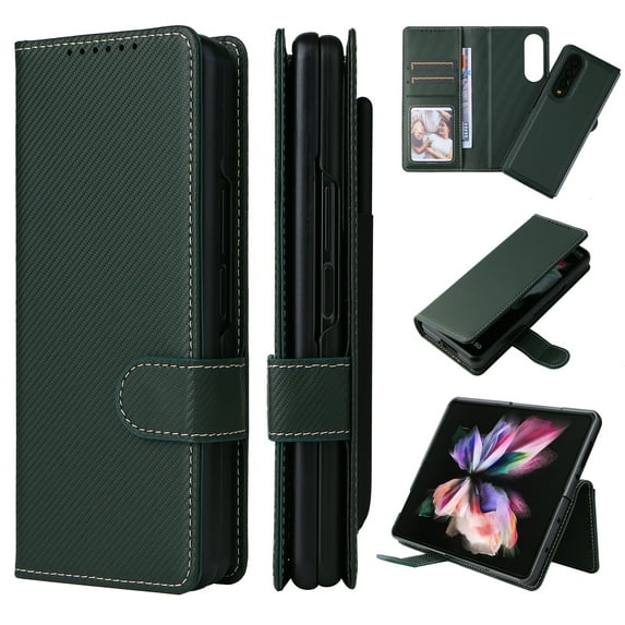 ELEHOLD for Samsung Galaxy Z Fold 5 Case Leather Wallet Case with Credit Card Holders Pen Slot Kickstand Function Magnetic Detachable Back Cover Shockproof Protection Case, Green
