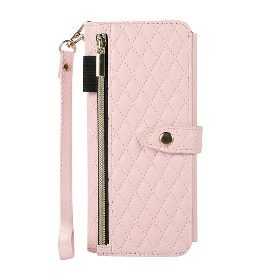 ELEHOLD for Samsung Galaxy Z Fold 5 Case with Wrist Strap, Luxury Shockproof Leather Wallet Case with Zipper Wallet Card Slots Magnetic Clasp Crossbody Strap for Samsung Z Fold5 2023,Pink