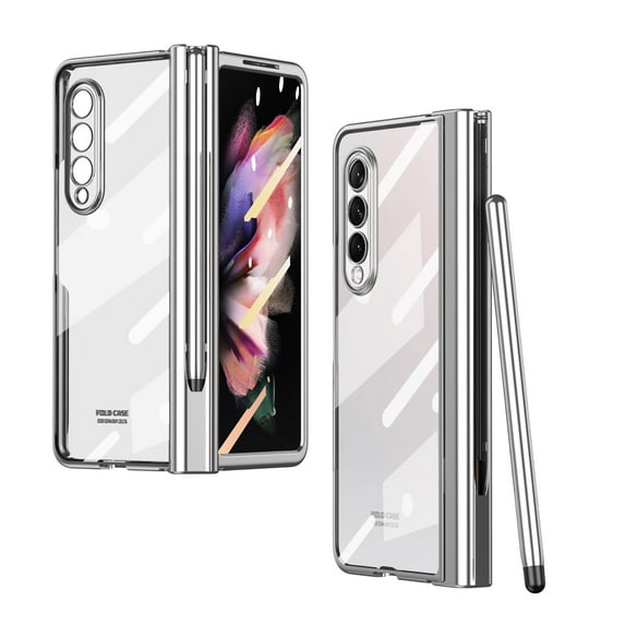 ELEHOLD Samsung Galaxy Z Fold 5 Clear Case with Built-in Screen Protector Stylus Pen, Full Body Protective Shockproof Anti-Scratch Plating Clear Cover Case for Samsung Galaxy Z Fold5 - Silver