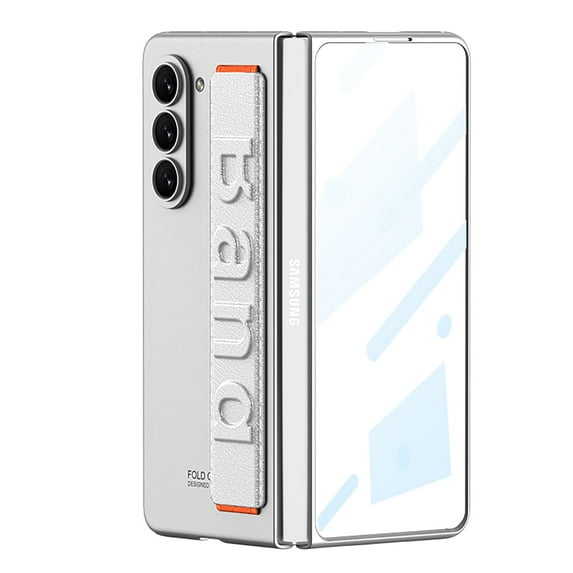 ELEHOLD for Samsung Galaxy Z Fold 5 Full Body Case, with Built-in Screen Protector Non-Slip Wristband Elastic Strap Rugged PC Slim Shockproof Cover for Samsung Z Fold5,Silver