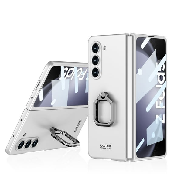 ELEHOLD for Samsung Galaxy Z Fold 5 Matte Case,Built-in Foldable Metal Ring Holder Shockproof Case with Built in Screen Protector Impact Resistant Ultra Slim Phone Cover for Galaxy Z Fold5,Silver