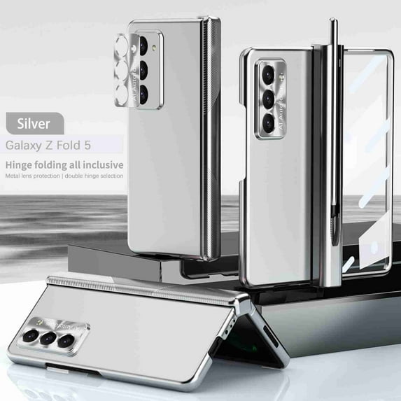 ELEHOLD for Samsung Galaxy Z Fold 5 Plating Case,Built-in Screen Protector Lens Protection Case with Stylus Pen & Pen Holder Hinge Rugged Shockproof Cover for Samsung Z Fold 5 5G 2023,Silver
