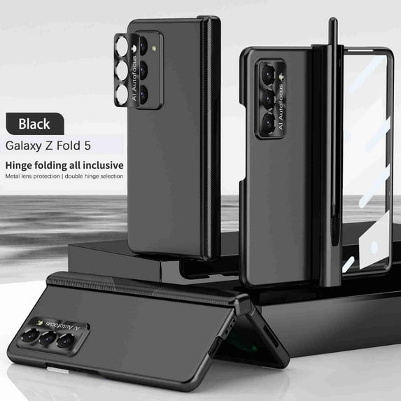 ELEHOLD for Samsung Galaxy Z Fold 5 Plating Case,Built-in Screen Protector Lens Protection Case with Stylus Pen & Pen Holder Hinge Rugged Shockproof Cover for Samsung Z Fold 5 5G 2023,Black