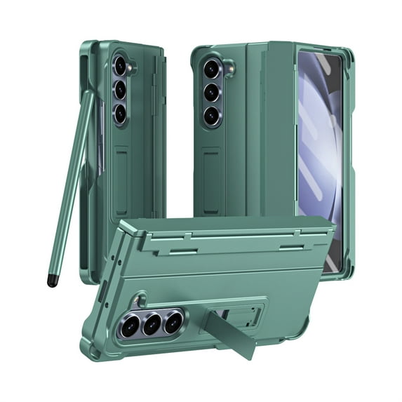 ELEHOLD for Samsung Galaxy Z Fold 5 Rugged Case with Hinge Protection Built-in Screen Protector Hidden Kickstand Hard PC Shockproof Protective Case Cover with Stylus Pen & Pen Holder,Green