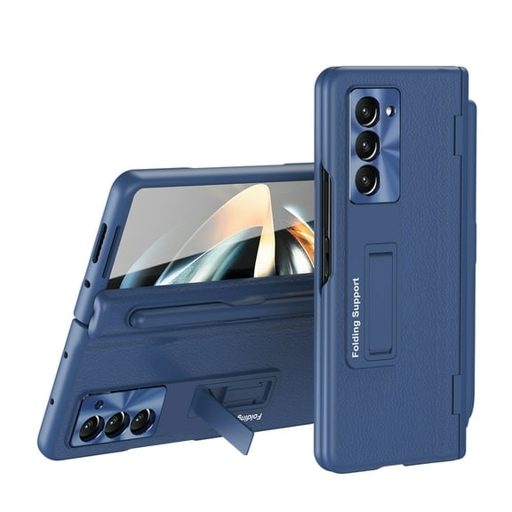 ELEHOLD for Samsung Galaxy Z Fold 5 Rugged Case,Hybrid PU Leather PC Cover with Hinge Protection Screen Protector Stylus Pen Foldable Bracket Kickstand Shockproof Case for Samsung Z Fold 5,Blue