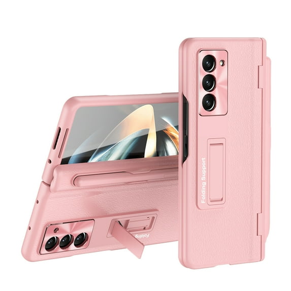 ELEHOLD for Samsung Galaxy Z Fold 5 Rugged Case,Hybrid PU Leather PC Cover with Hinge Protection Screen Protector Stylus Pen Foldable Bracket Kickstand Shockproof Case for Samsung Z Fold 5,Pink