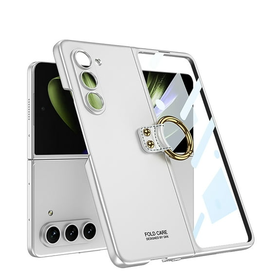 ELEHOLD for Samsung Galaxy Z Fold 5 Rugged Case with Metal Ring Holder Built in Screen Protector Hard PC Shockproof Full Body Protective Case for Samsung Z Fold 5,Silver