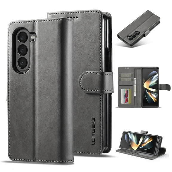 ELEHOLD for Samsung Galaxy Z Fold 5 Rugged Leather Wallet Case with Card Slots Kickstand Function Magnetic Clasp Shockproof Protective Cover for Samsung Galaxy Z Fold 5 2023,Gray