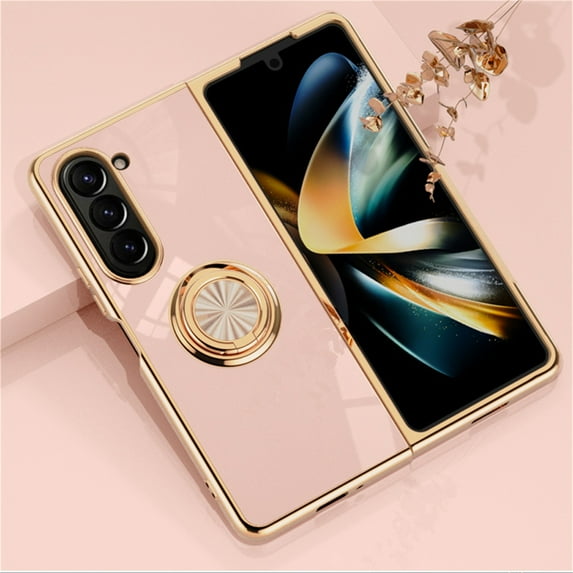 ELEHOLD for Samsung Galaxy Z Fold 5 Slim Case Electroplating Frame Design Lens Protection Metal Ring Holder Stand Function Compatible with Magnetic Car Mount Shockproof Lightweight Case,Pink