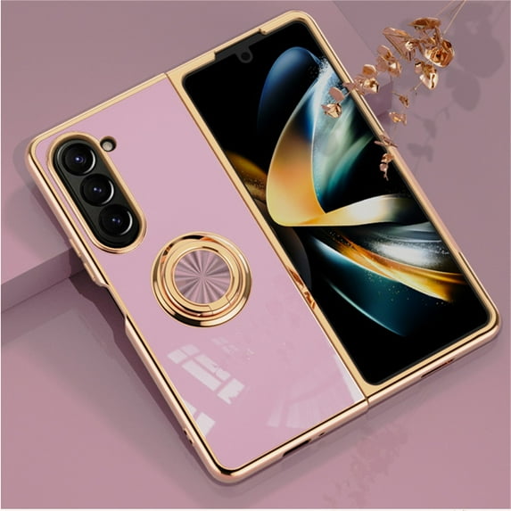 ELEHOLD for Samsung Galaxy Z Fold 5 Slim Case Electroplating Frame Design Lens Protection Metal Ring Holder Stand Function Compatible with Magnetic Car Mount Shockproof Lightweight Case,Lightpurple