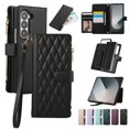 thumbnail image 1 of ELEHOLD For Samsung Galaxy Z Fold 5 Wallet Case, Card Slots Zipper Purse Luxury PU Leather Kickstand Full Body Shockproof Phone Cover with Shoulder/Wrist Strap for Samsung Galaxy Z Fold 5,Black, 1 of 9