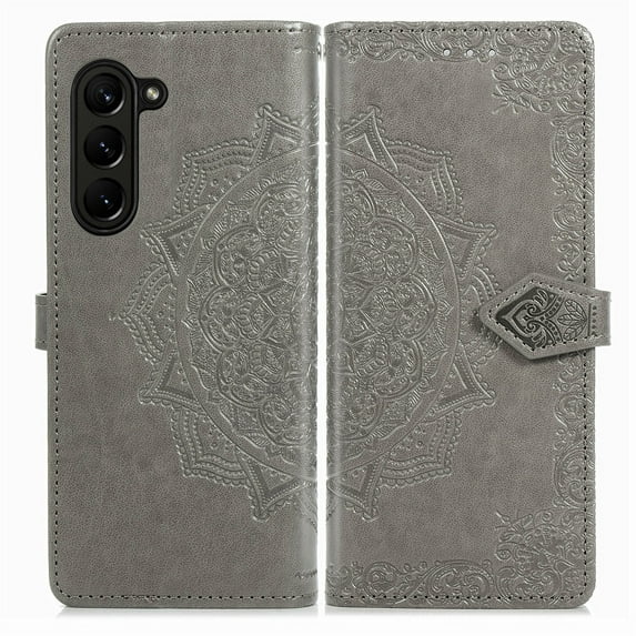 ELEHOLD for Samsung Galaxy Z Fold 5 Wallet Case, Embossed Mandala Leather Magnetic Clasp Kickstand Function Premium Wallet Case with Card Slots Holder for Samsung Galaxy Z Fold 5 2023,Gray