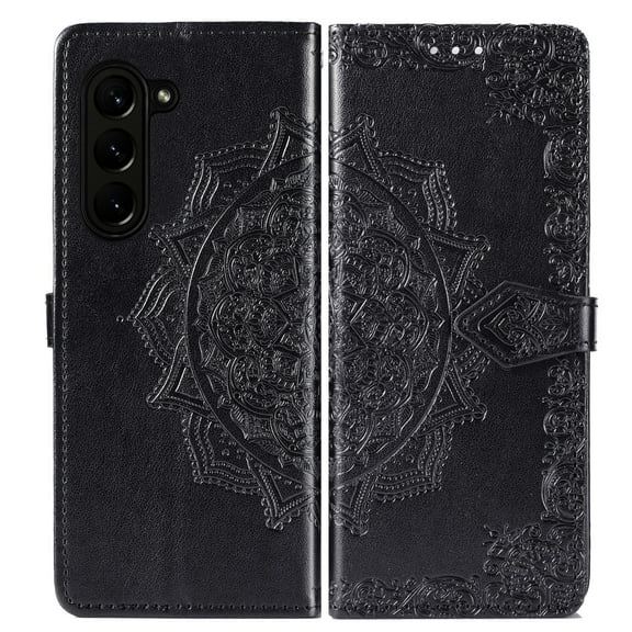 ELEHOLD for Samsung Galaxy Z Fold 5 Wallet Case, Embossed Mandala Leather Magnetic Clasp Kickstand Function Premium Wallet Case with Card Slots Holder for Samsung Galaxy Z Fold 5 2023,Black