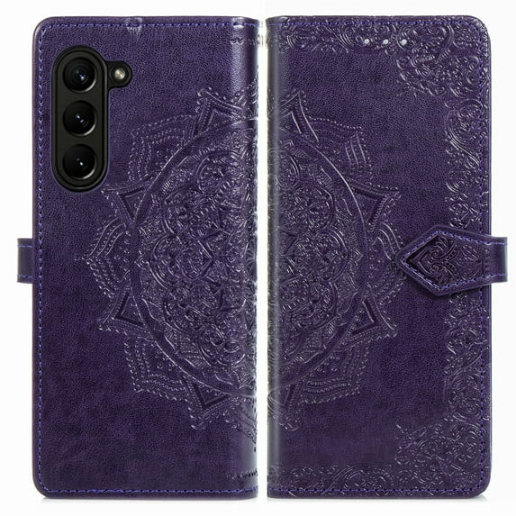 ELEHOLD for Samsung Galaxy Z Fold 5 Wallet Case, Embossed Mandala Leather Magnetic Clasp Kickstand Function Premium Wallet Case with Card Slots Holder for Samsung Galaxy Z Fold 5 2023,Purple