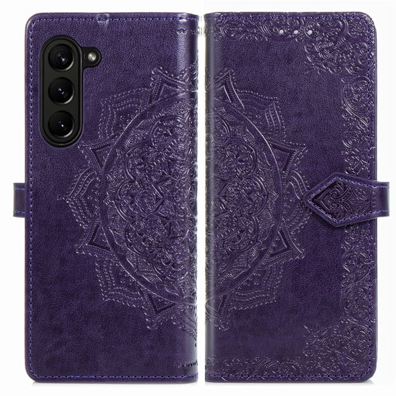 ELEHOLD for Samsung Galaxy Z Fold 5 Wallet Case, Embossed Mandala Leather Magnetic Clasp Kickstand Function Premium Wallet Case with Card Slots Holder for Samsung Galaxy Z Fold 5 2023,Purple