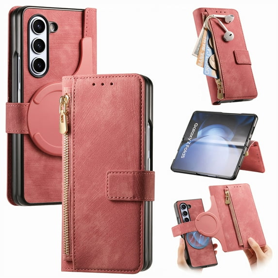 ELEHOLD for Samsung Galaxy Z Fold 5 Wallet Case,Zipper Storage Flip RFID Blocking Card Holders Strong Magnetic Detachable Leather Case Stand Function Muilti-Functional Purse Cover, Pink