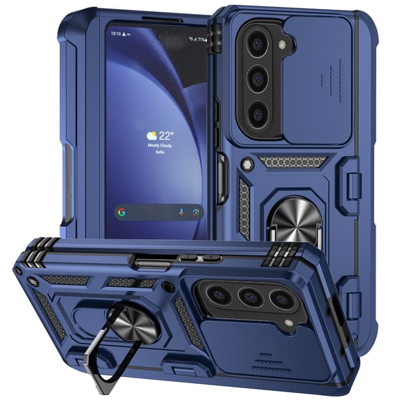ELEHOLD for Samsung Galaxy Z Fold 6 5G Case with Slide Lens Cover and Ring Kickstand, Heavy Duty Military Grade Protection Shockproof Back Cover with Pen Holder for Galaxy Z Fold 6 5G 2024,Blue
