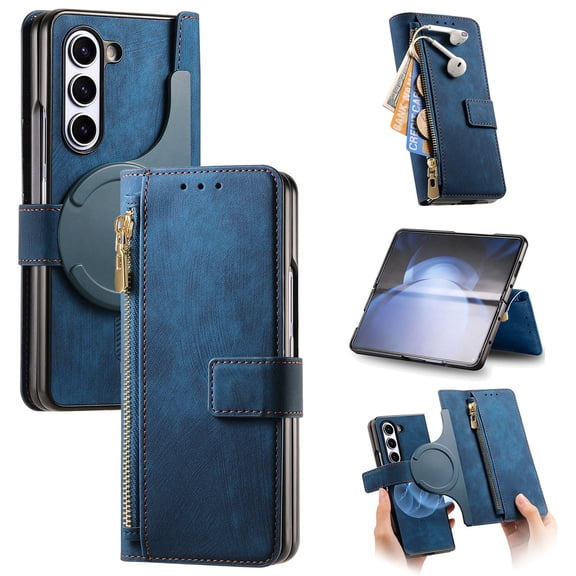 ELEHOLD for Samsung Galaxy Z Fold 6 Case,Retro Premium Flip Soft PU Leather Credit Card Slots RFID Blocking Kickstand  Shockproof Protective Case for Samsung Galaxy Z Fold 6,Blue