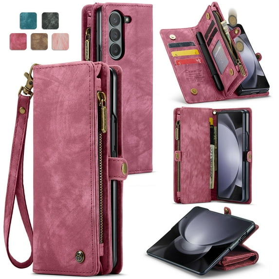 ELEHOLD for Samsung Galaxy Z Fold 6 Case,Retro Premium Folio Leather Credit Card Holder Slot RFID Blocking Kickstand Rugged Shockproof Case for Samsung Galaxy Z Fold 6,Red