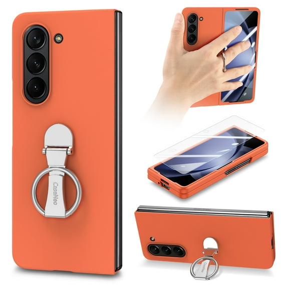 ELEHOLD for Samsung Galaxy Z Fold 6 Case,Skin-Friendly Full Body Protection 360 Degree Ring Kickstand Shockproof Slim Phone Case with Screen Protector for Samsung Galaxy Z Fold 6,Orange