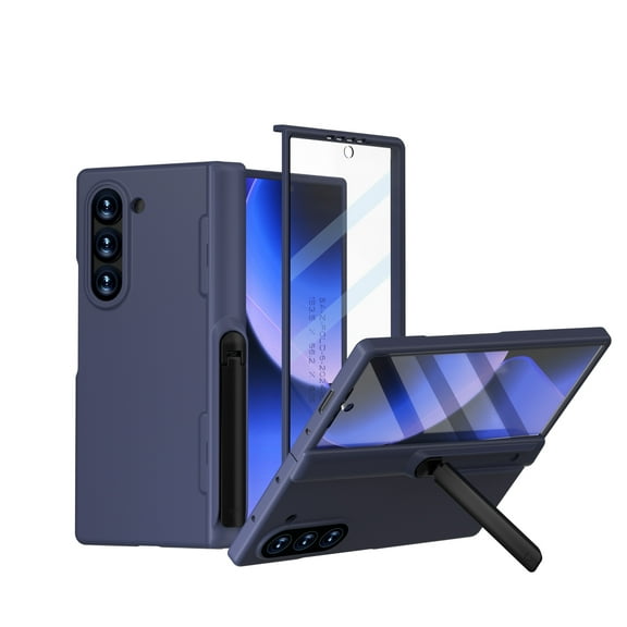 ELEHOLD for Samsung Galaxy Z Fold 6 Case, Slim Hinge Protection Hard PC Invisible Kickstand Full Protection Shock-Absorbent Cover with Screen Protector for Samsung Galaxy Z Fold 6,Darkblue