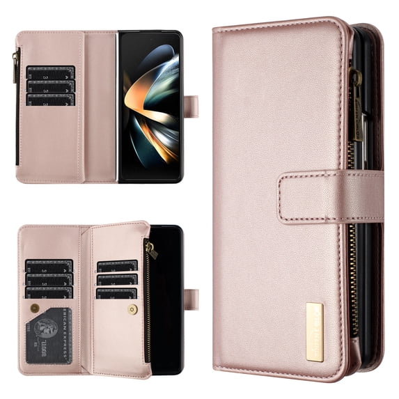 ELEHOLD for Samsung Galaxy Z Fold 6 Case, Soft Premium Flip Leather All-Around Coverage Card Slot Zipper Shockproof Protective Wallet Case for Women Men for Samsung Galaxy Z Fold 6,Gold
